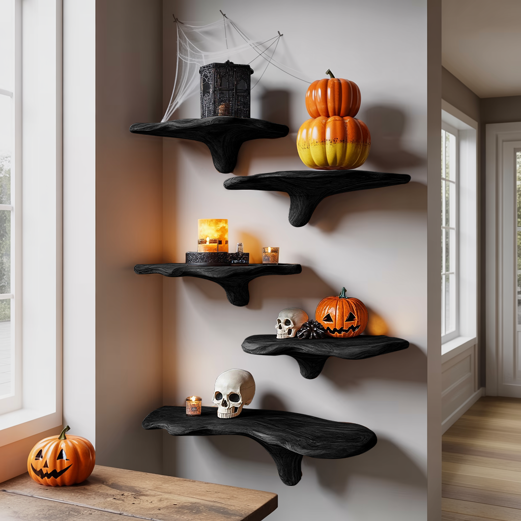 Live Edge Solid Wood Mushroom Floating Shelf, Mid-Century Style in Black finish