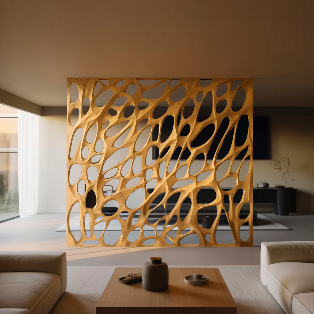 Modern Organic Solid Wood Room Divider with Cellular Openings in Oak finish