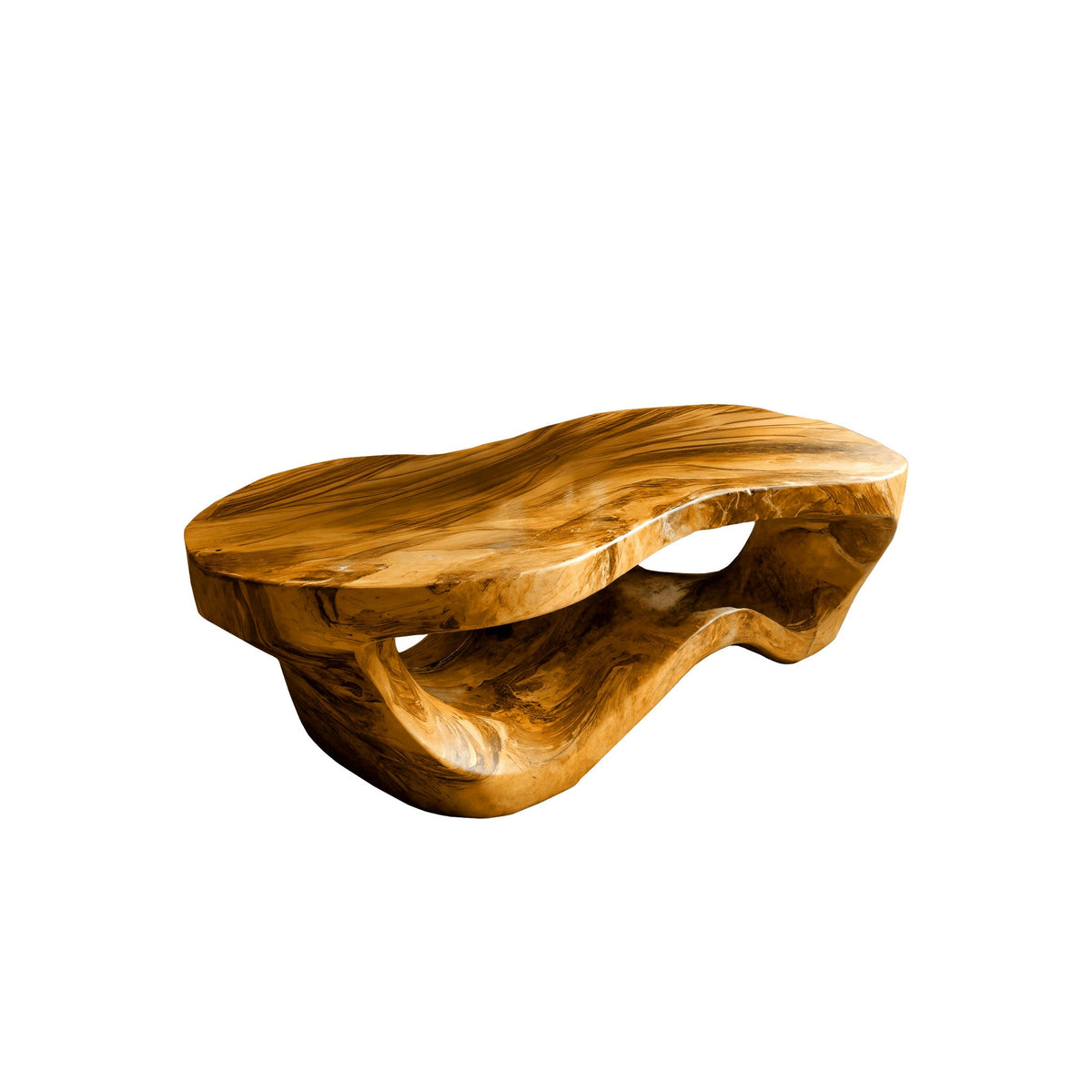 Sculpted Solid Hardwood Coffee Table with Wave-Like Base in Teak finish