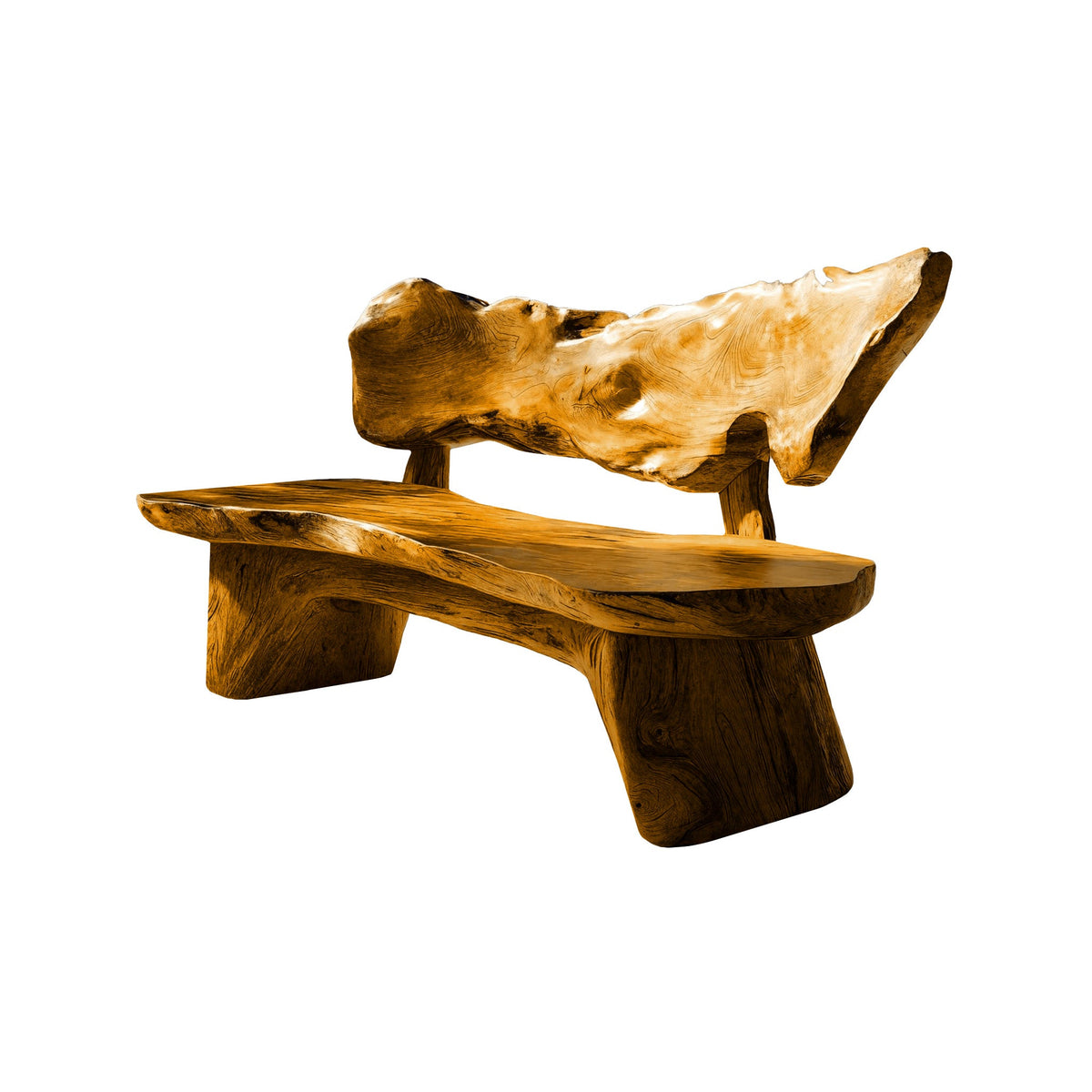 Handcrafted Solid Hardwood Outdoor Bench with Live Edge Backrest in Teak finish