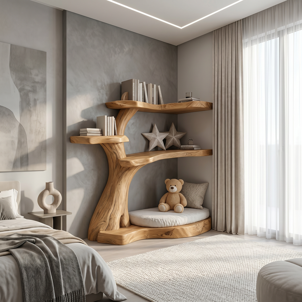 Rustic Corner Tree Branch Bookshelf for Kids Room and Nursery in Oak finish