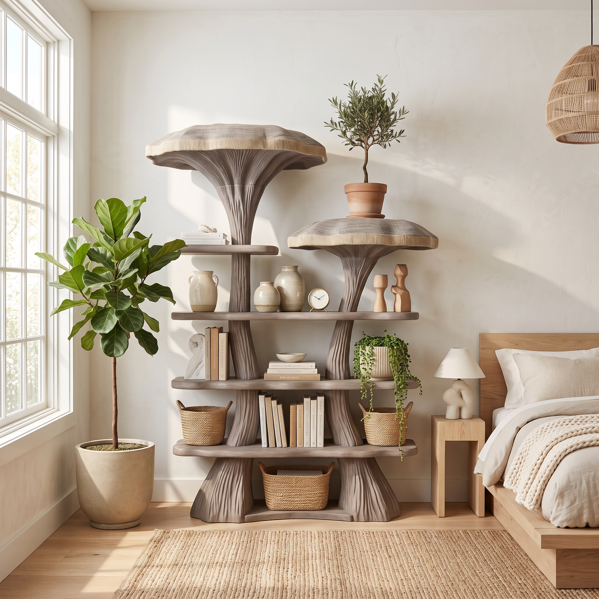 Mushroom Tree Branch Floating Bookshelf in Natural Wood - view 2