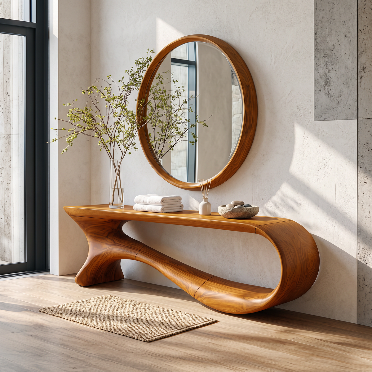 Mid-Century Curved Solid Wood Console Table for Hallways in Brown finish