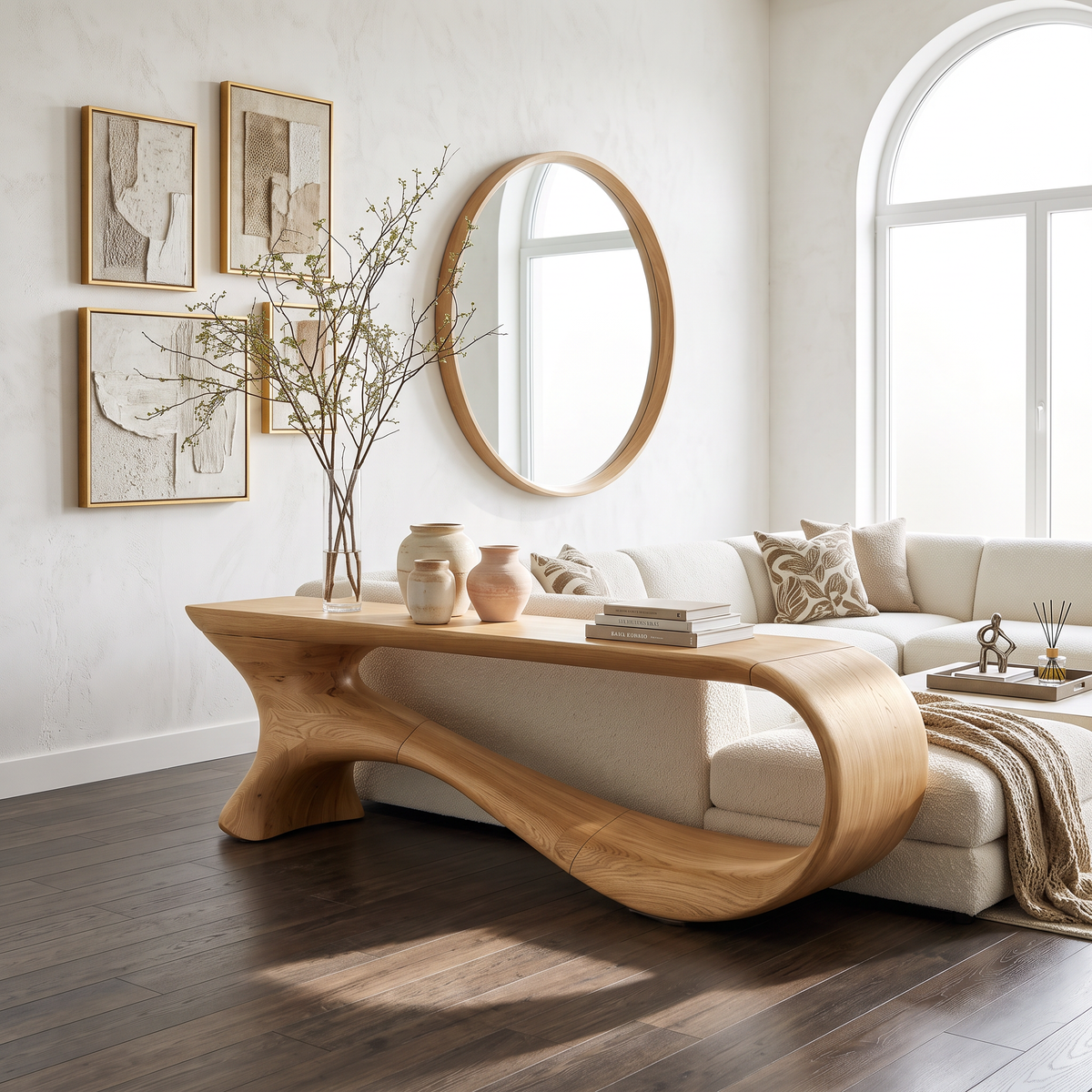 Mid-Century Curved Solid Wood Console Table for Hallways in Oak finish