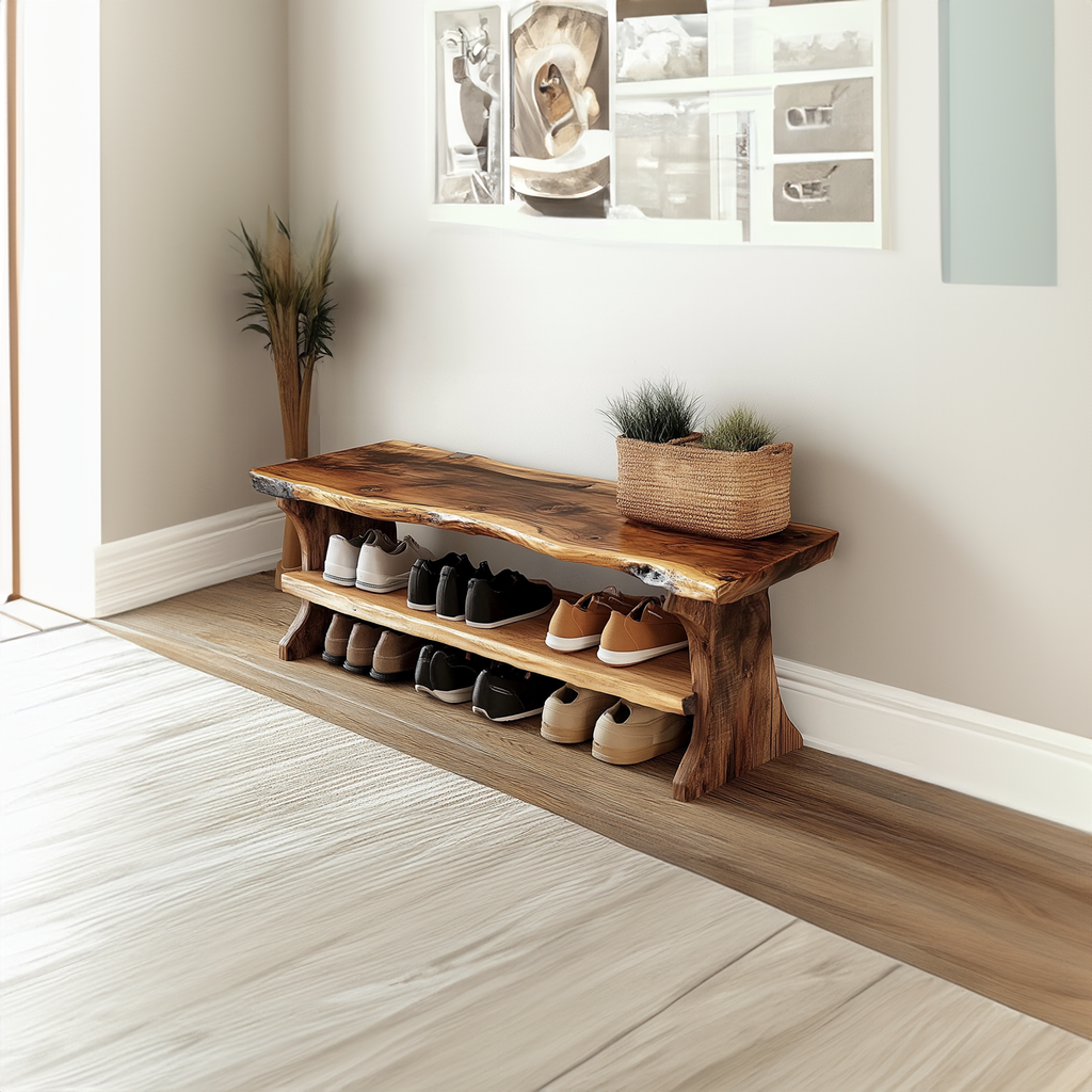 Farmhouse Solid Wood Entryway Shoe Bench with Live Edges - view 2