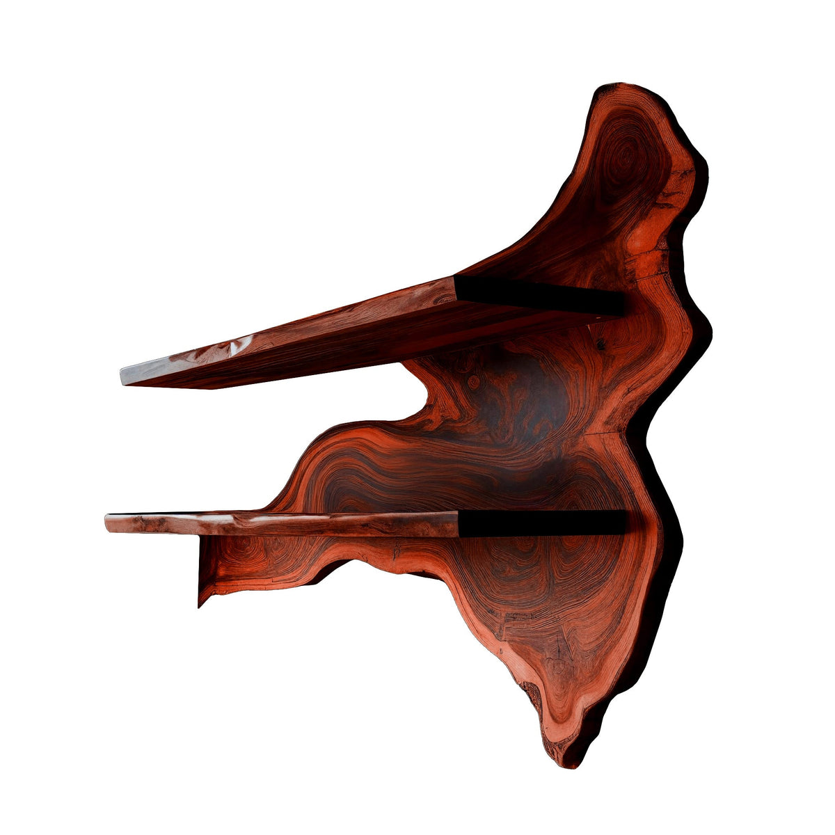 Live Edge Solid Wood Floating Wine Shelf with Sculpted Back Panel in Mahogany finish