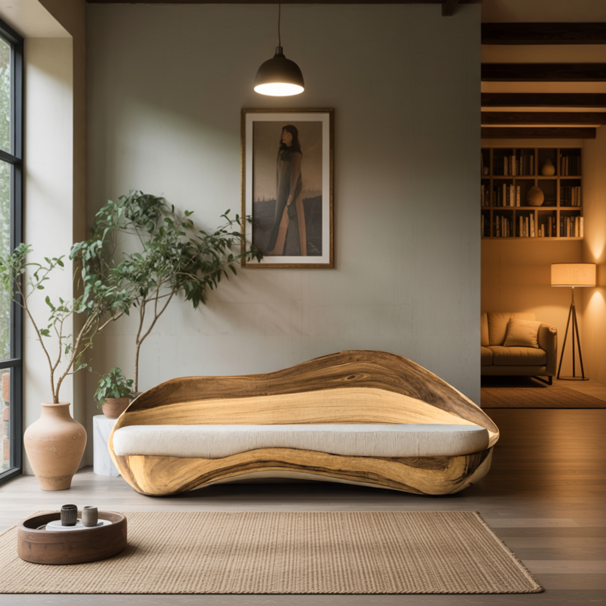 Solid Wood Live Edge Sofa with Wave-Inspired Frame and Cushions - view 2