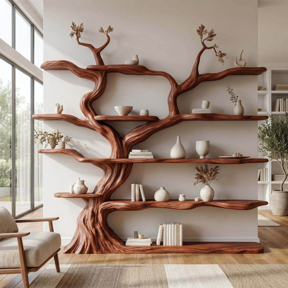 Sculpted Solid Wood Tree Bookshelf with Wall-Spanning Branch Shelves in Mahogany finish
