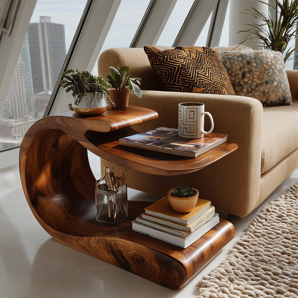 Handcrafted Solid Wood C-Shaped Side Table with Lower Shelf