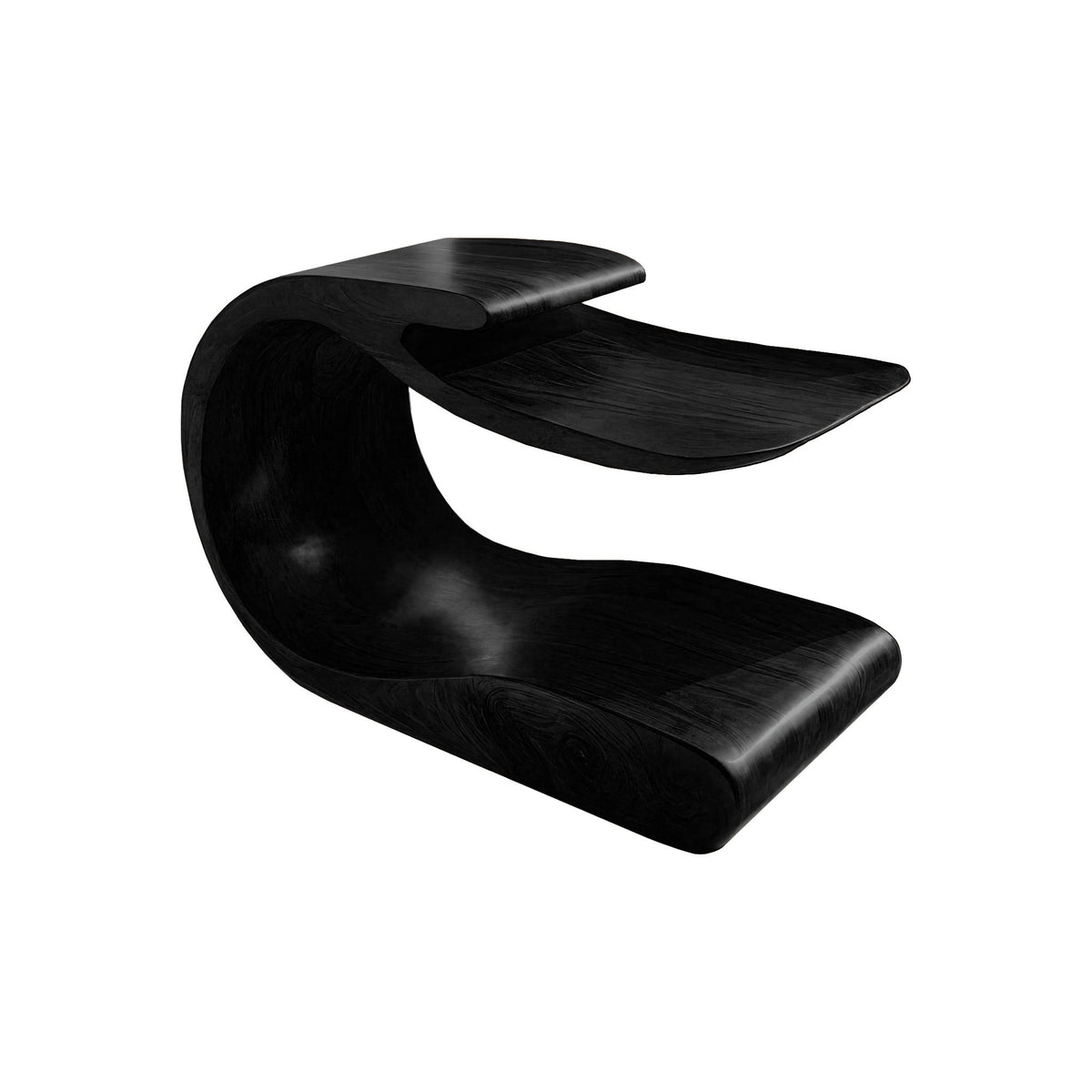 Handcrafted Solid Wood C-Shaped Side Table with Lower Shelf in Black finish