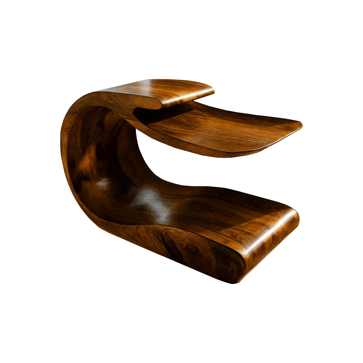 Handcrafted Solid Wood C-Shaped Side Table with Lower Shelf in Brown finish