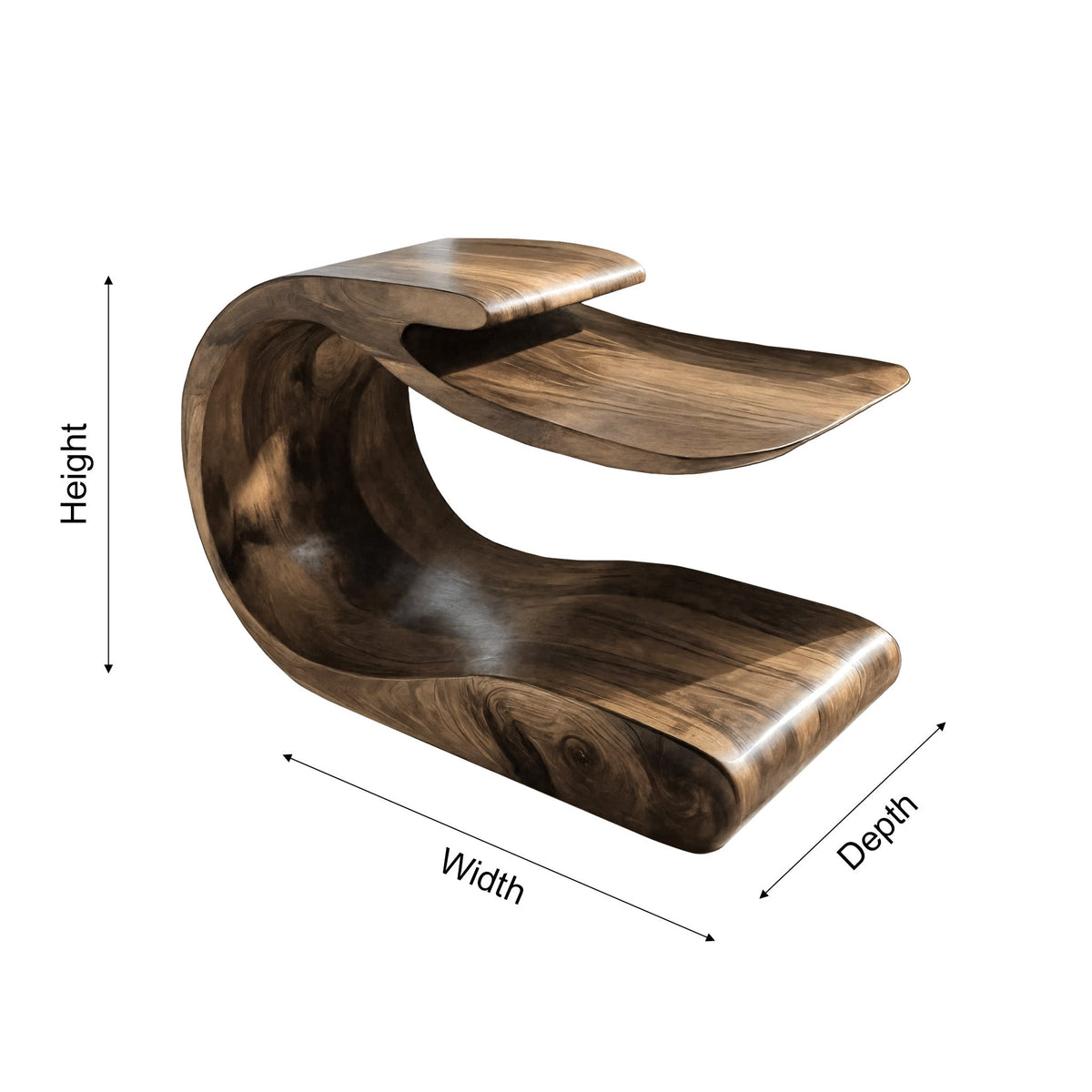 Handcrafted Solid Wood C-Shaped Side Table with Lower Shelf - view 2