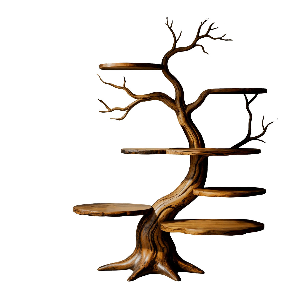 Sculpted Solid Timber Tree Bookshelf with Asymmetrical Shelves in Teak finish