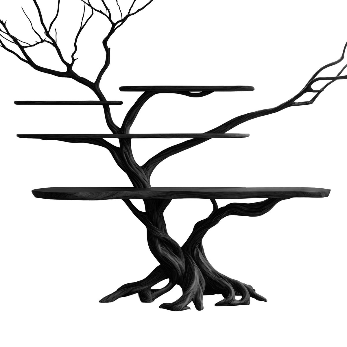 Branching Tree Solid Wood Console Table with Multi-Tier Shelves in Black finish