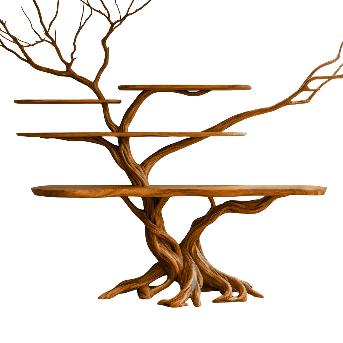 Branching Tree Solid Wood Console Table with Multi-Tier Shelves in Brown finish