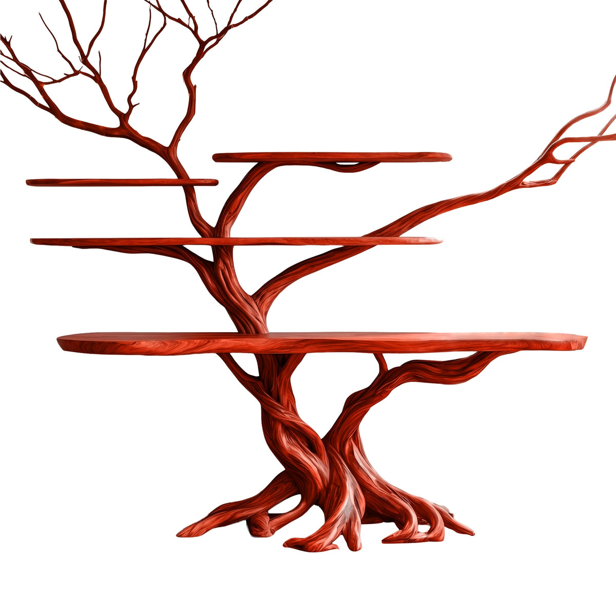 Branching Tree Solid Wood Console Table with Multi-Tier Shelves in Mahogany finish