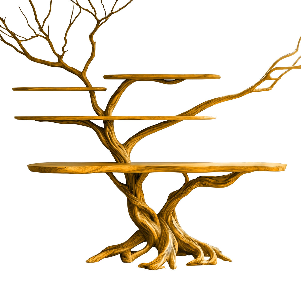 Branching Tree Solid Wood Console Table with Multi-Tier Shelves in Teak finish