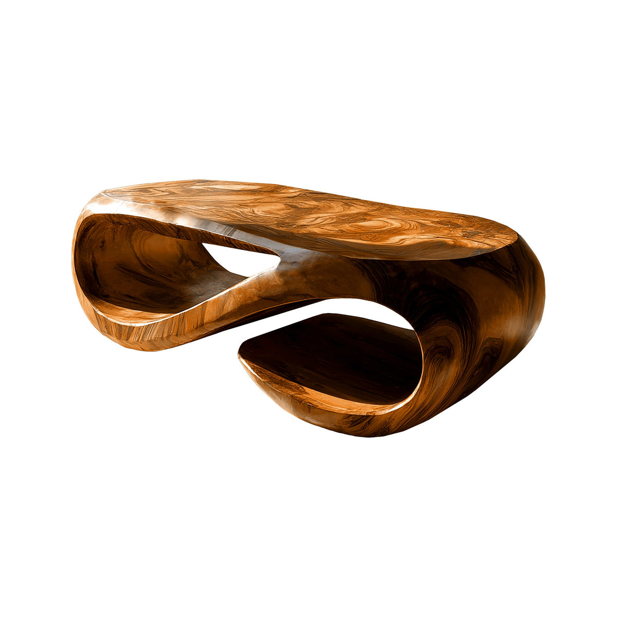 Looping Sculpted Solid Hardwood Coffee Table with Lower Shelf in Brown finish