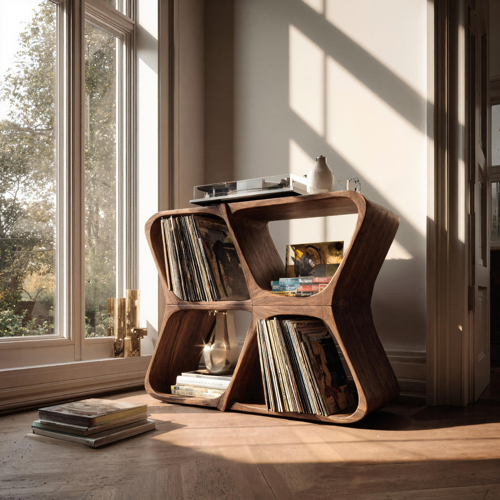 Sculpted Solid Wood Record Player Cabinet with Curved Edges