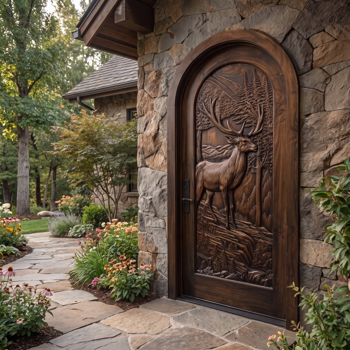 Carved Deer and Mountain Landscape Solid Wood Arched Single Door in Dark Walnut finish
