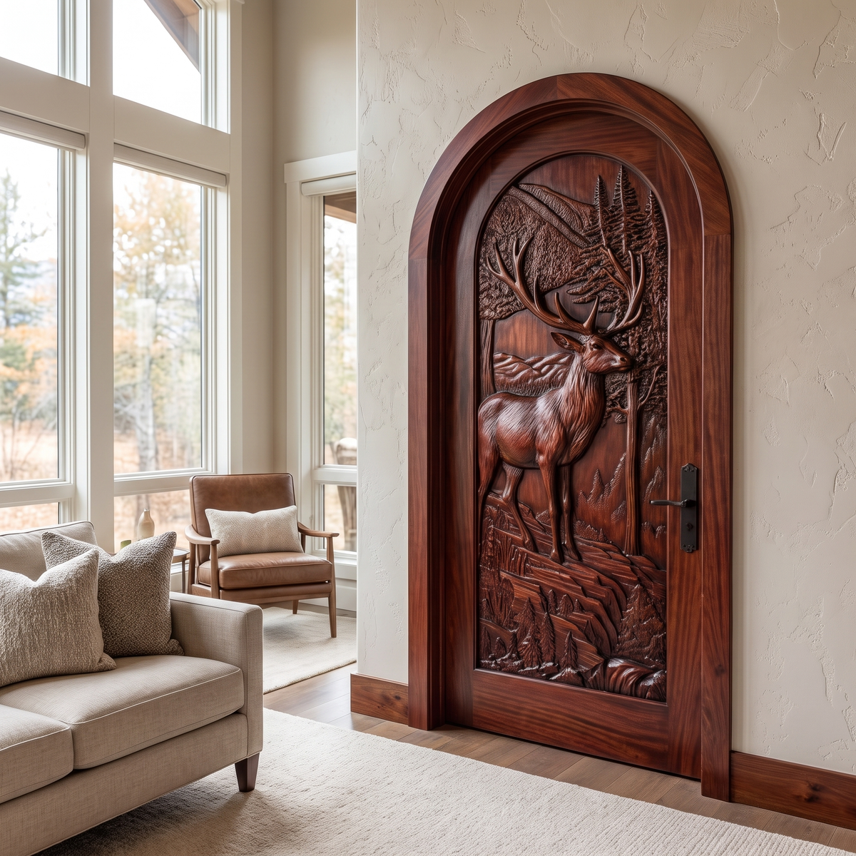 Carved Deer and Mountain Landscape Solid Wood Arched Single Door in Mahogany finish