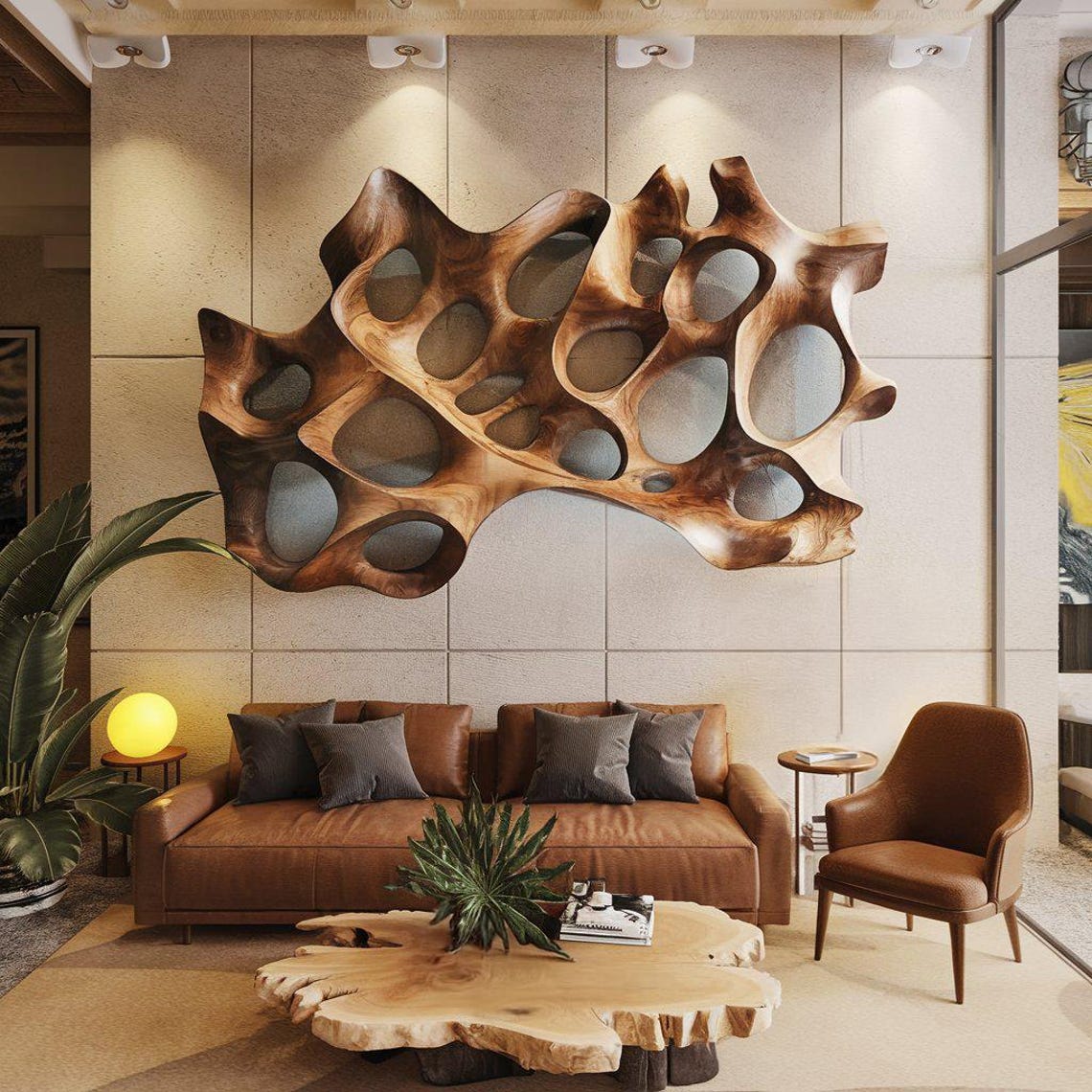 Carved Solid Wood Wall Art Panel in Rustic Modern Style