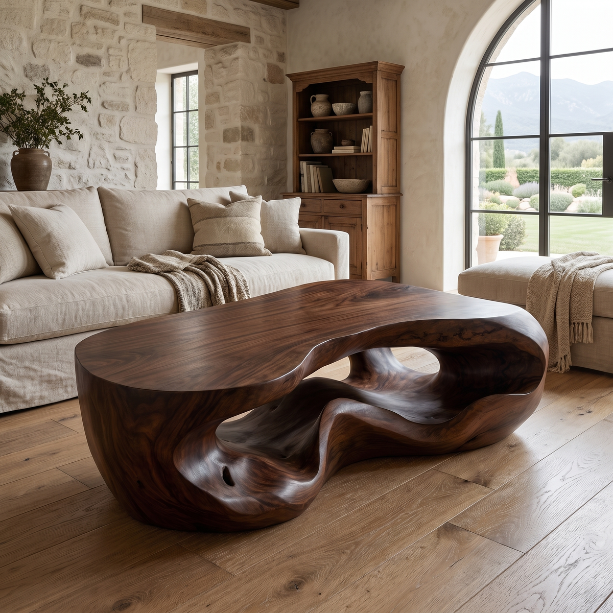 Freeform Sculpted Solid Hardwood Coffee Table with Carved Base in Dark Walnut finish