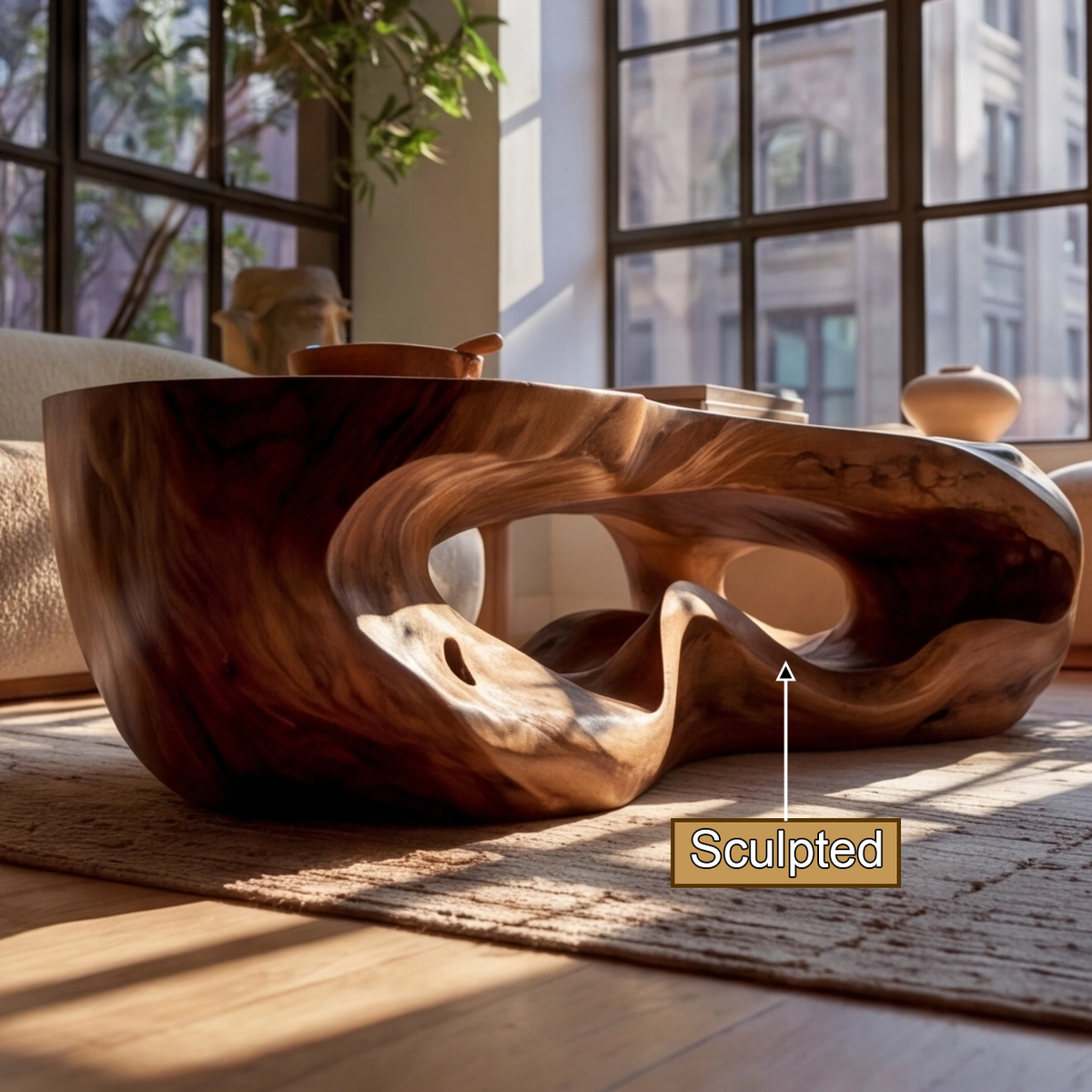 Freeform Sculpted Solid Hardwood Coffee Table with Carved Base - view 10
