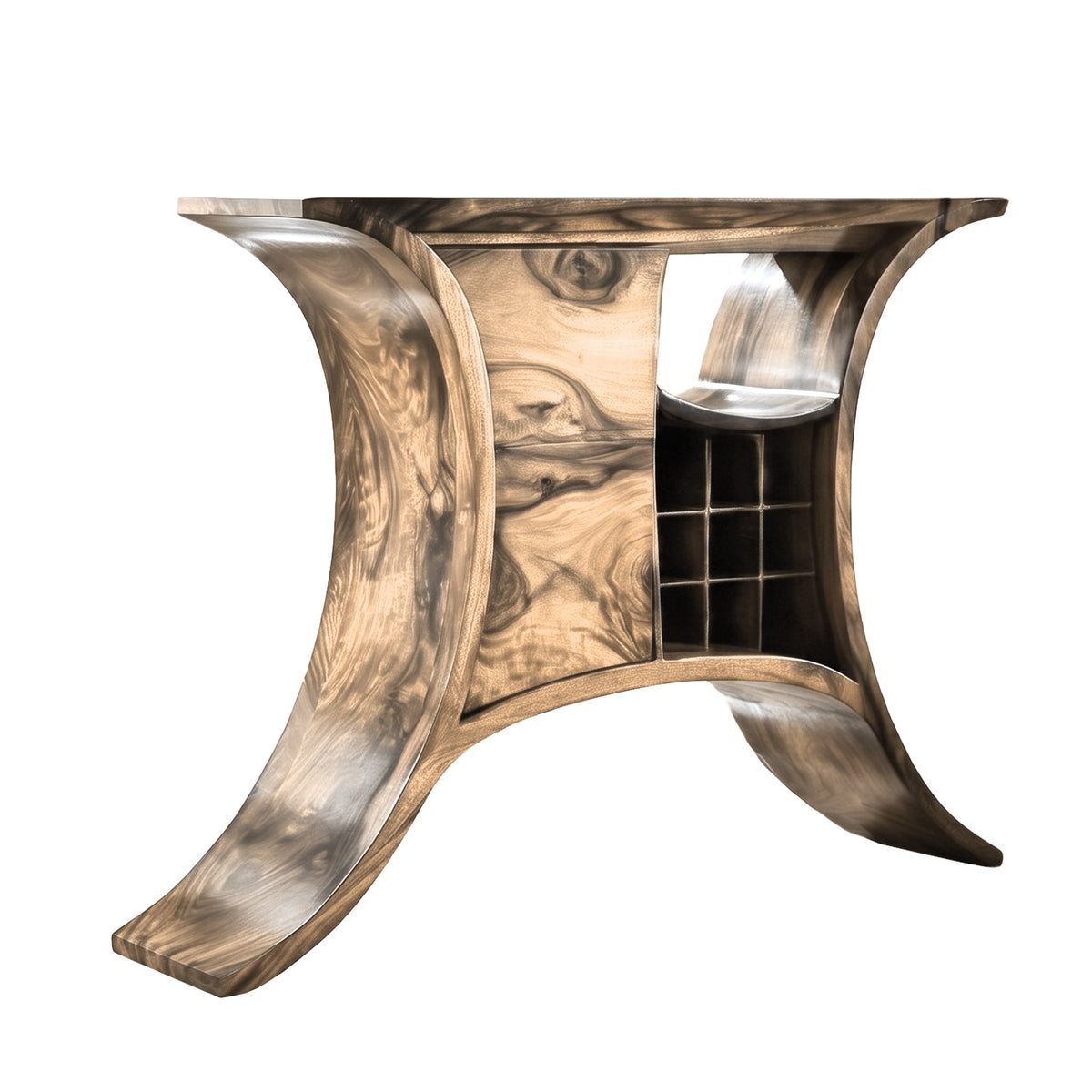 Solid Wood Sculptural Bar Cabinet with Wine and Stemware Storage in Natural Oak finish