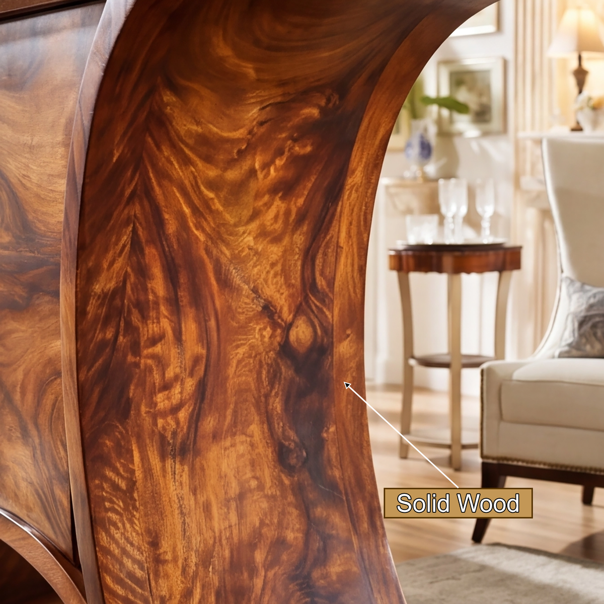 Solid Wood Sculptural Bar Cabinet with Wine and Stemware Storage - view 2