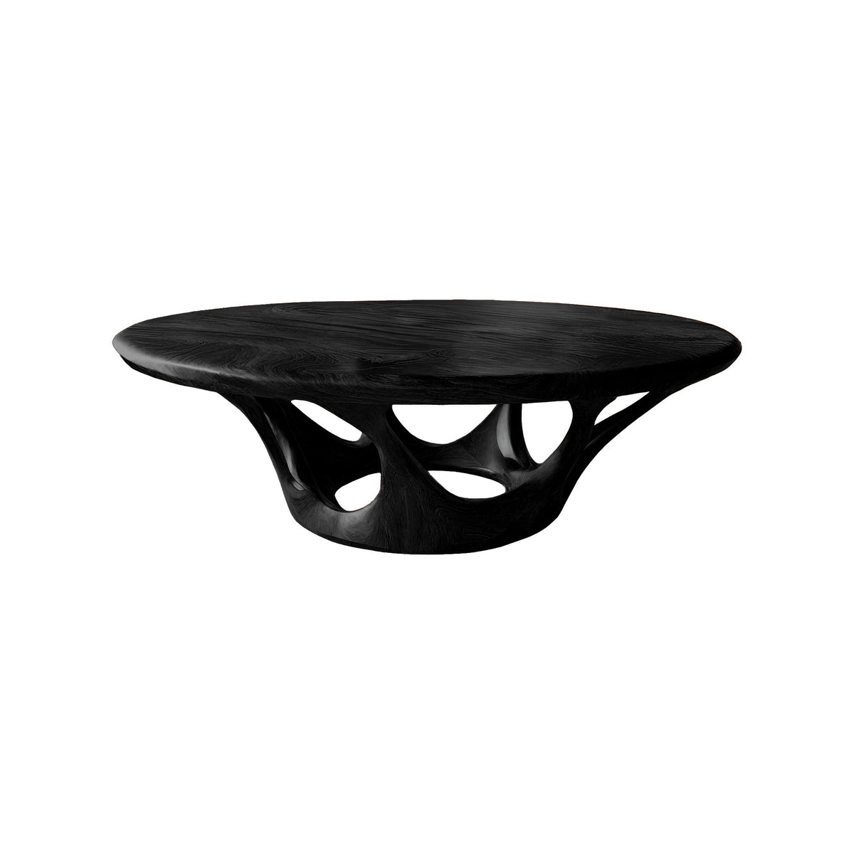 Sculpted Solid Wood Round Coffee Table with Hollowed Base in Black finish