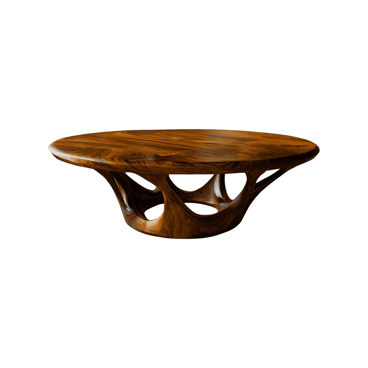 Sculpted Solid Wood Round Coffee Table with Hollowed Base in Brown finish