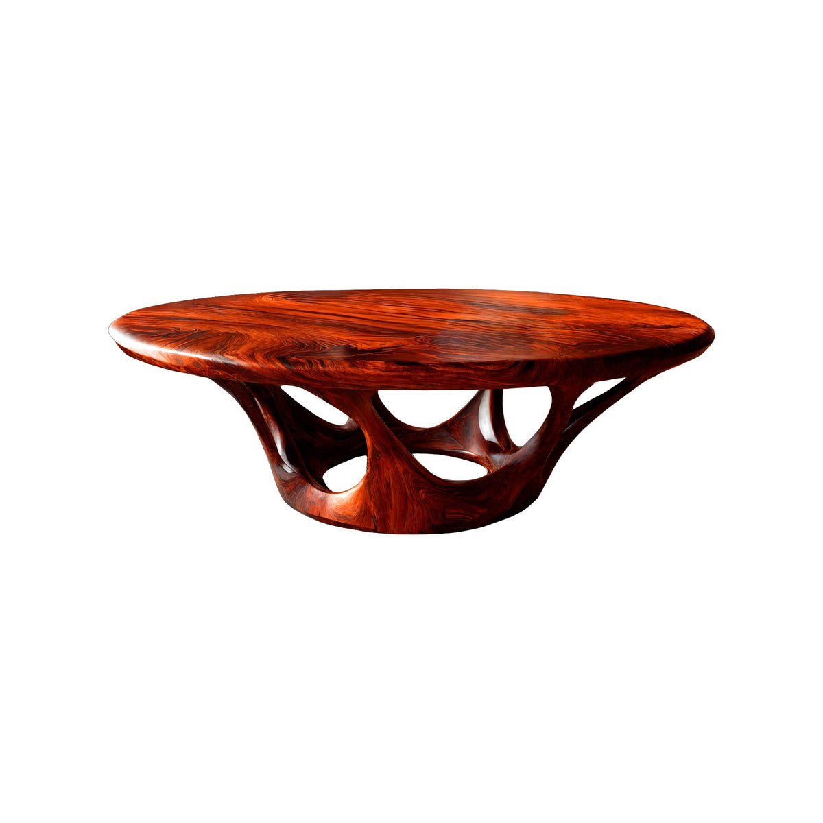 Sculpted Solid Wood Round Coffee Table with Hollowed Base in Mahogany finish