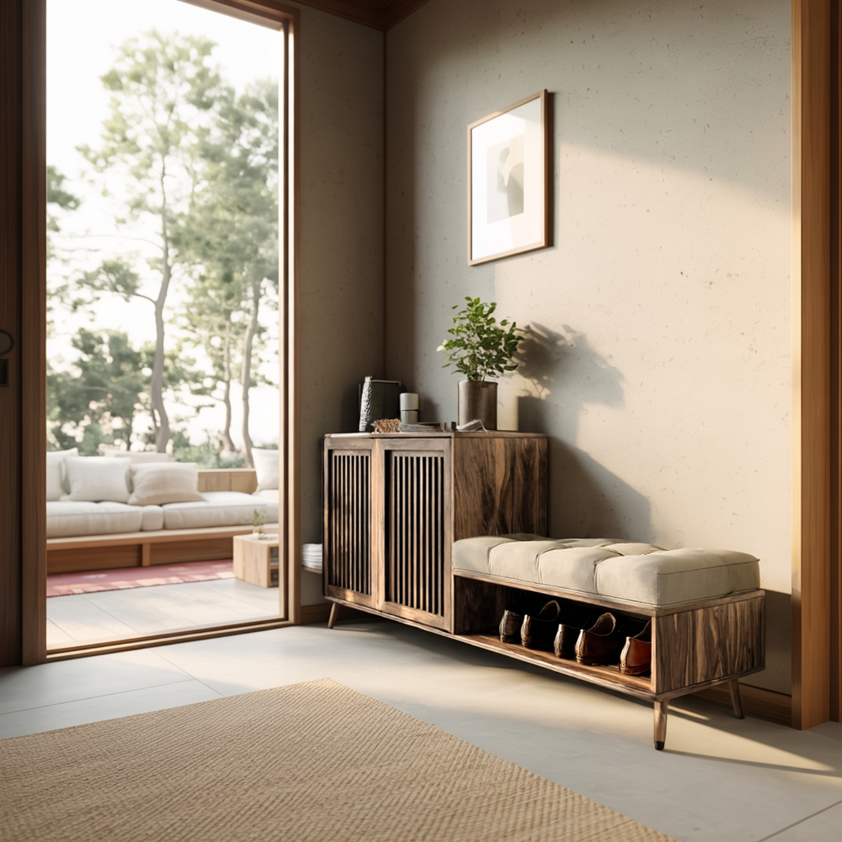 Solid Wood Entryway Bench and Shoe Rack with Slatted Low Cabinet - view 2