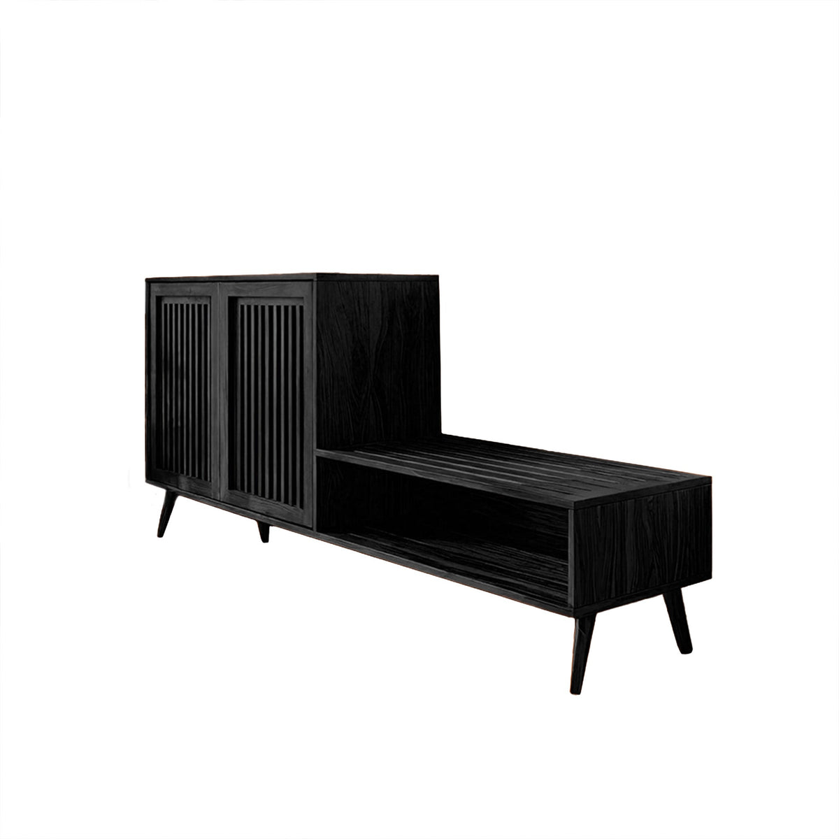 Solid Wood Entryway Bench and Shoe Rack with Slatted Low Cabinet in Black finish