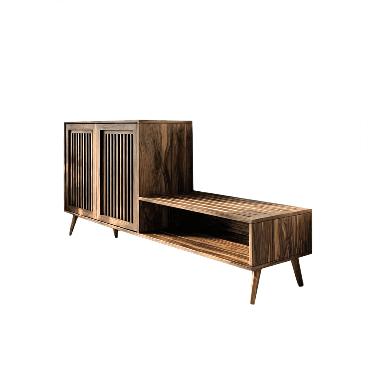 Solid Wood Entryway Bench and Shoe Rack with Slatted Low Cabinet in Natural Oak finish