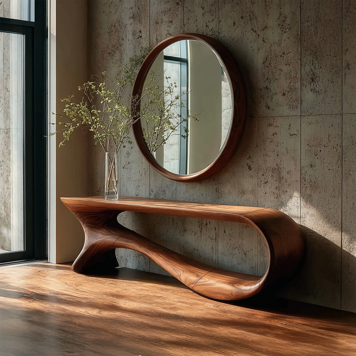 Mid-Century Curved Solid Wood Console Table for Hallways