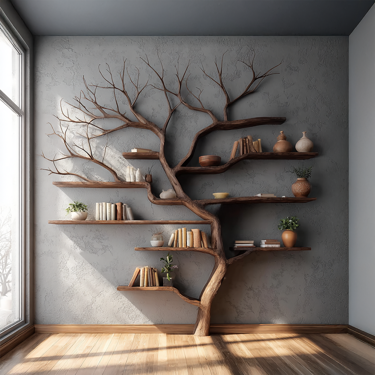 Rustic Tree Branch Floating Wall Bookshelf, 60 x 60 Inch
