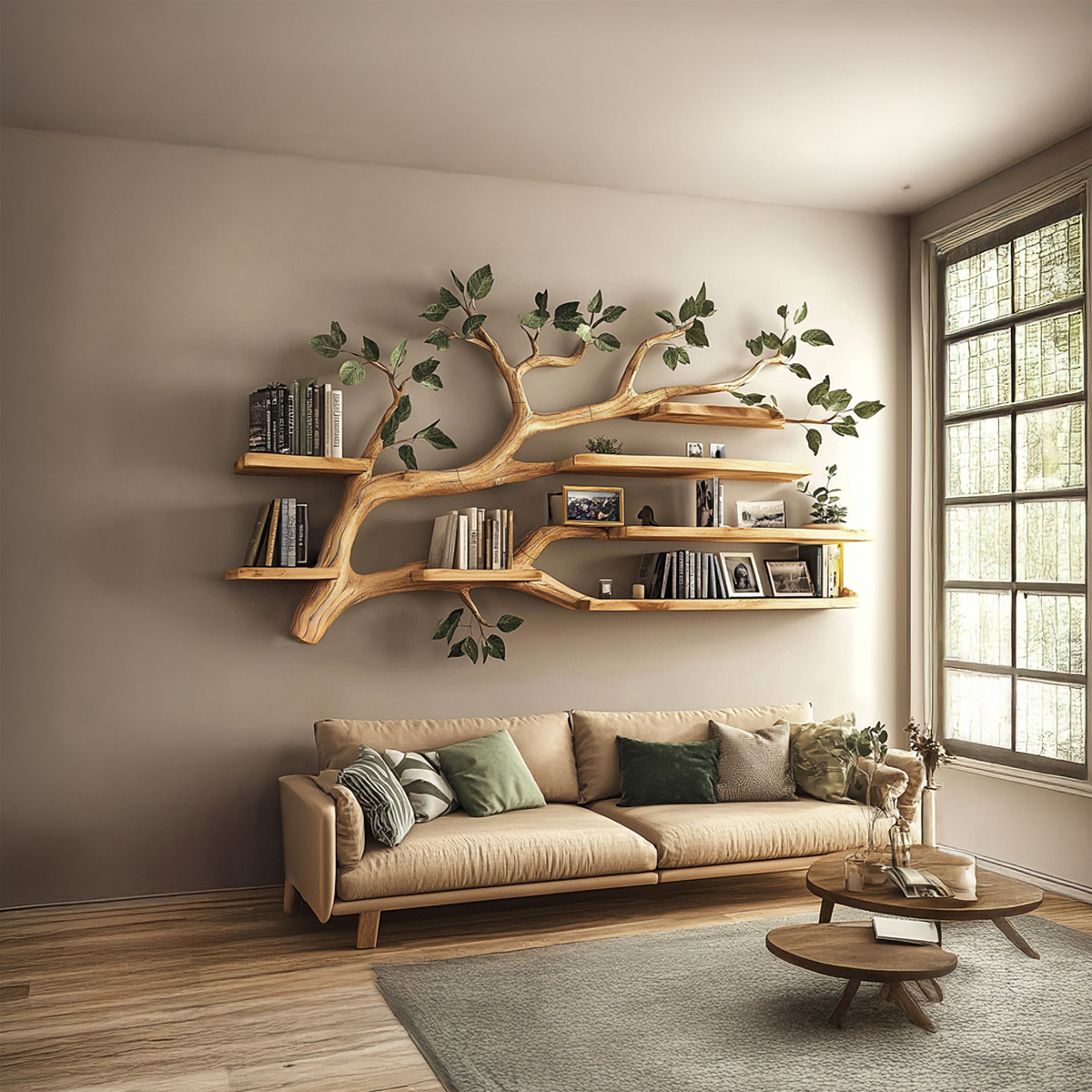 Rustic Tree Branch Floating Wall Shelf for Office or Reading Corner