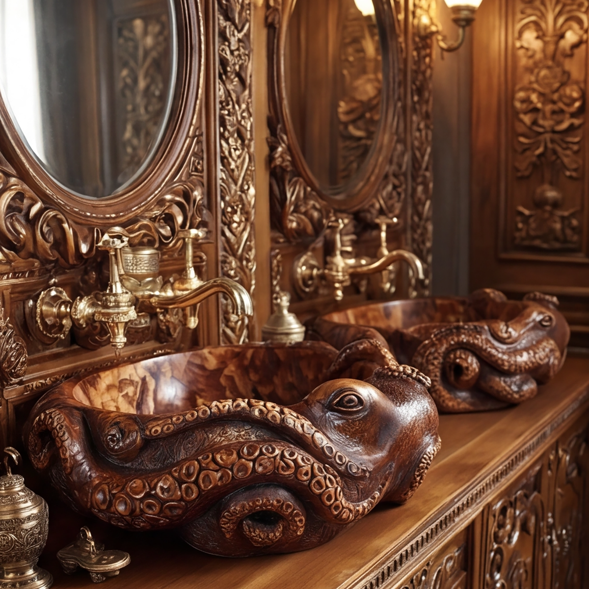 Hand-Carved Solid Wood Octopus Vessel Sink with Sculpted Tentacles - view 2