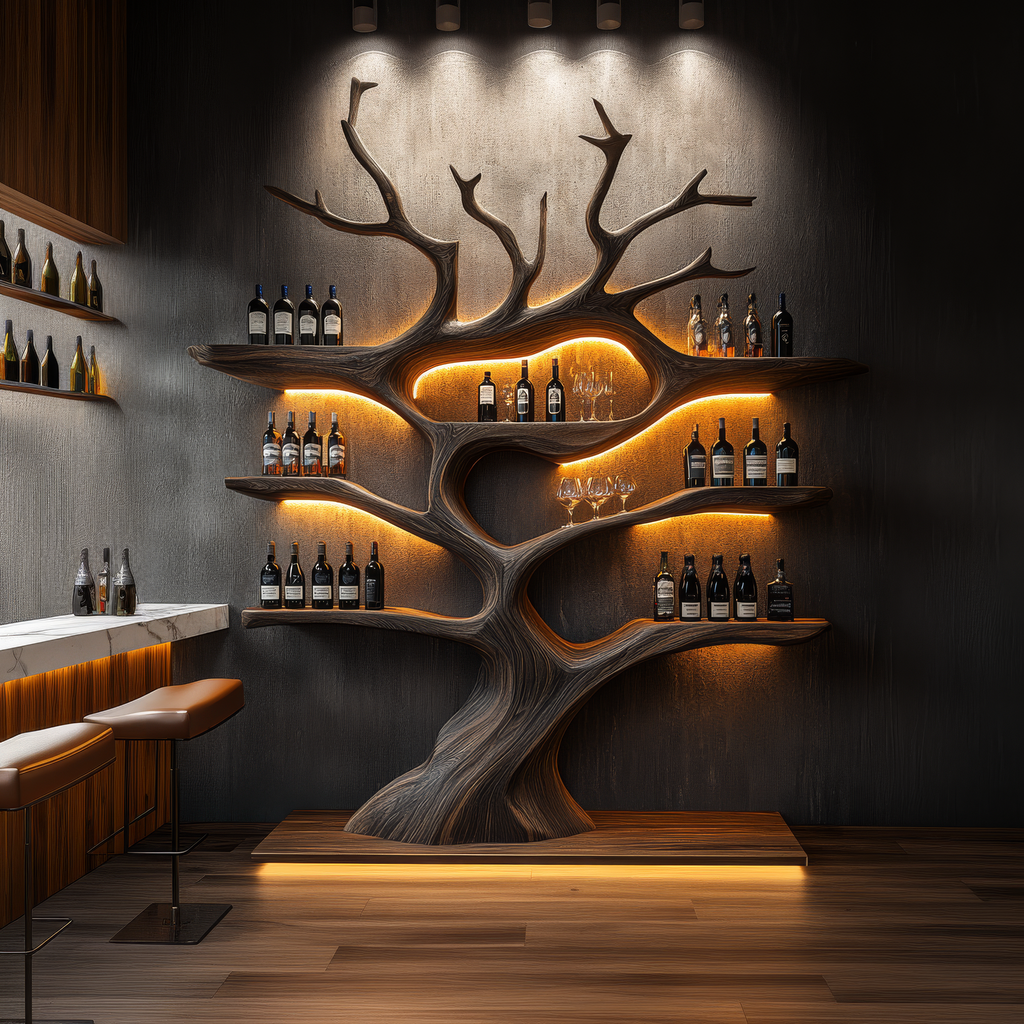 Illuminated Solid Hardwood Tree Wine Rack with LED Backlight