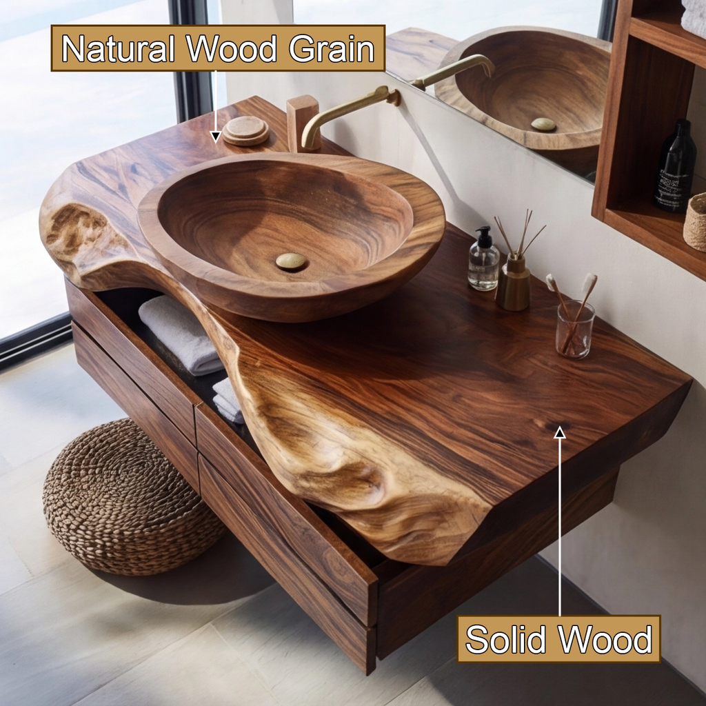 Live Edge Floating Bathroom Vanity with Drawers and Wood Vessel Sink - view 3