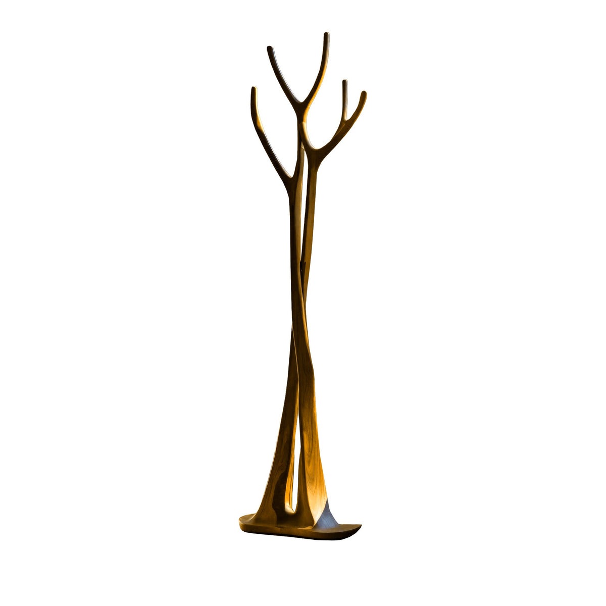 Sculpted Solid Wood Freestanding Tree Coat Rack with Curved Branches in Teak finish