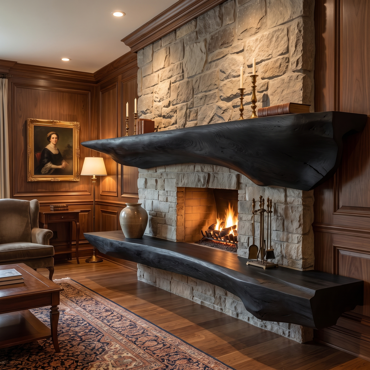 Sculpted Solid Hardwood Floating Fireplace Mantel Shelf in Black finish
