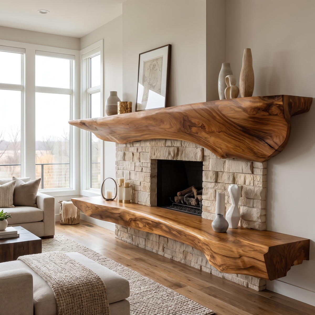 Sculpted Solid Hardwood Floating Fireplace Mantel Shelf in Brown finish