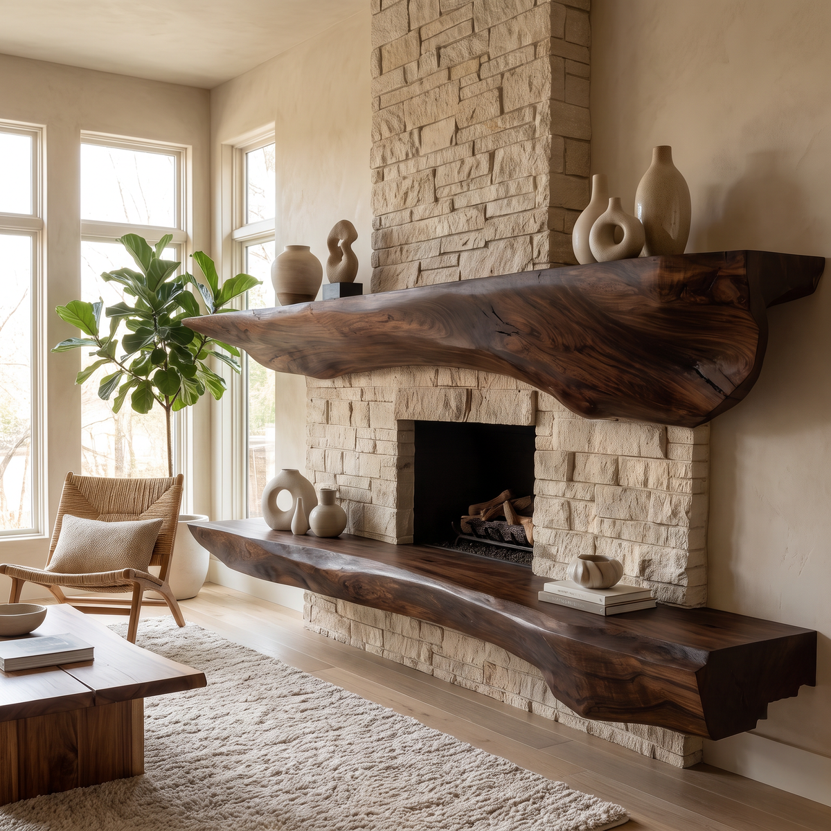 Sculpted Solid Hardwood Floating Fireplace Mantel Shelf in Dark Walnut finish