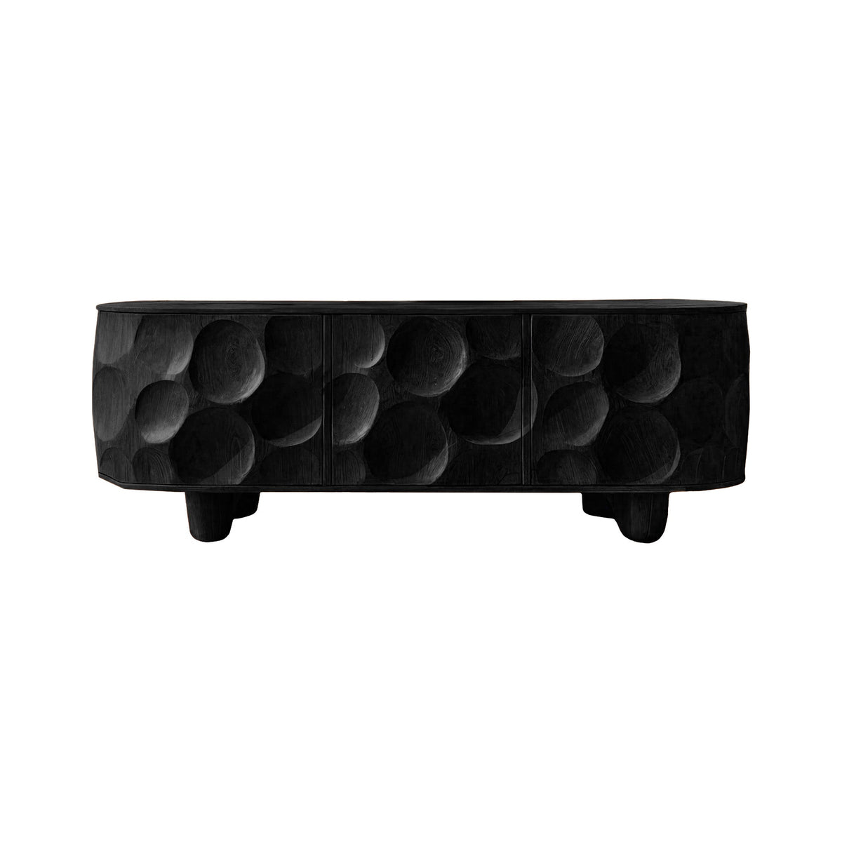 Sculpted Solid Walnut Sideboard Cabinet with Carved Concave Doors in Black finish