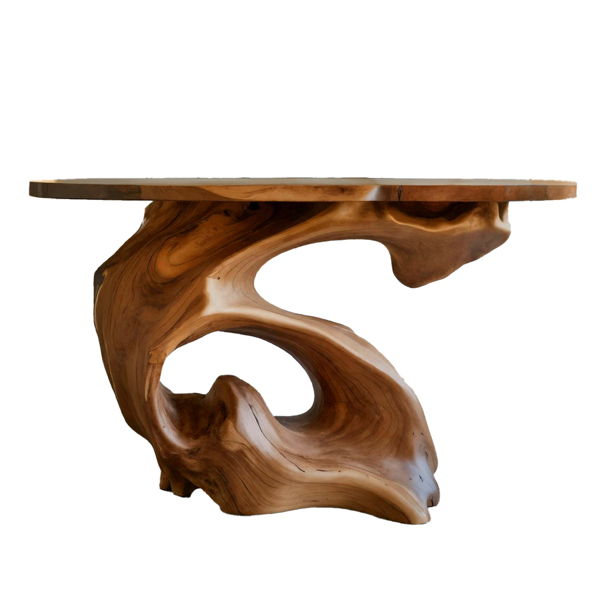 Live Edge Slab Console Table with Sculptural Solid Wood Base in Brown finish