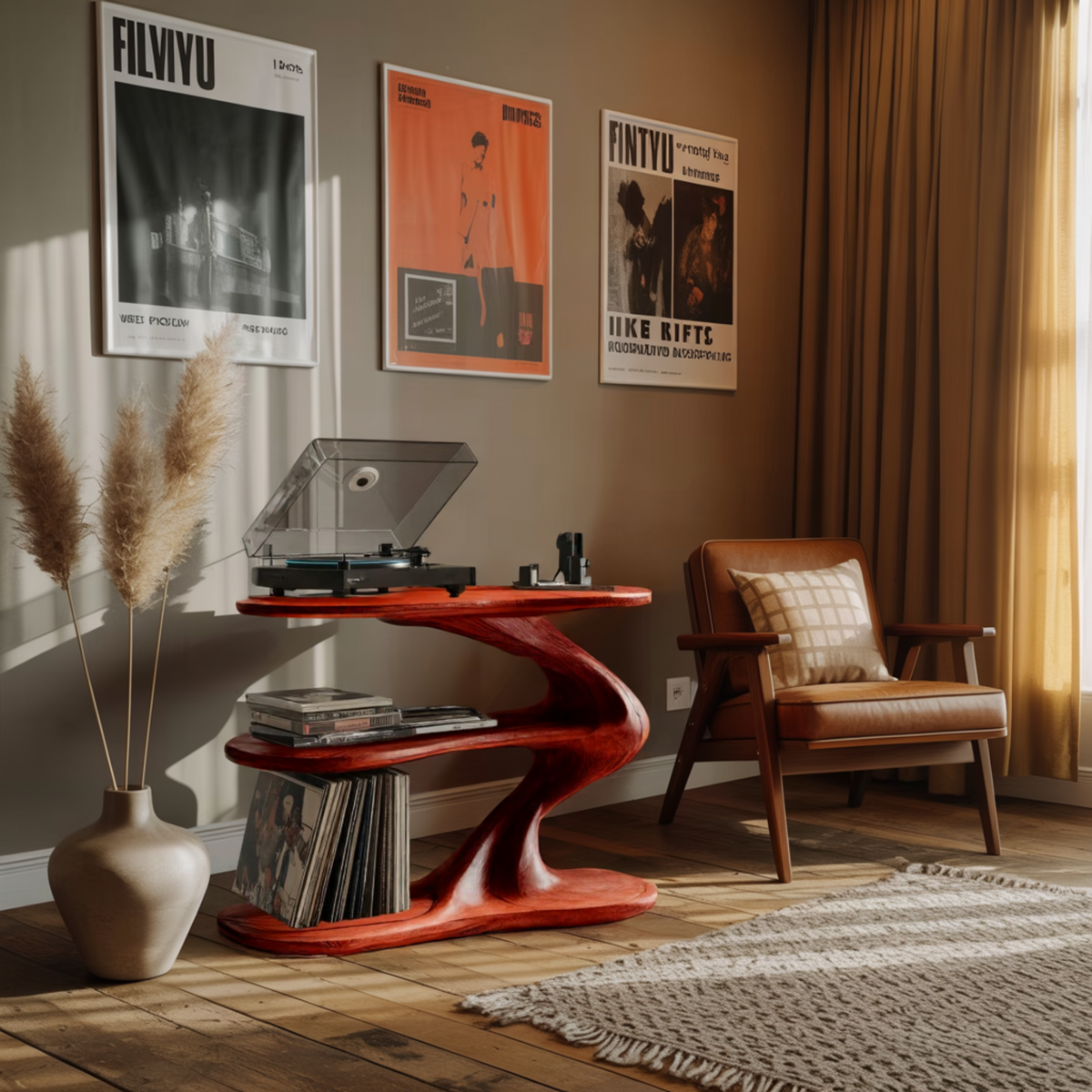 Sculpted Solid Wood Record Player Stand with Wave Contours - view 3
