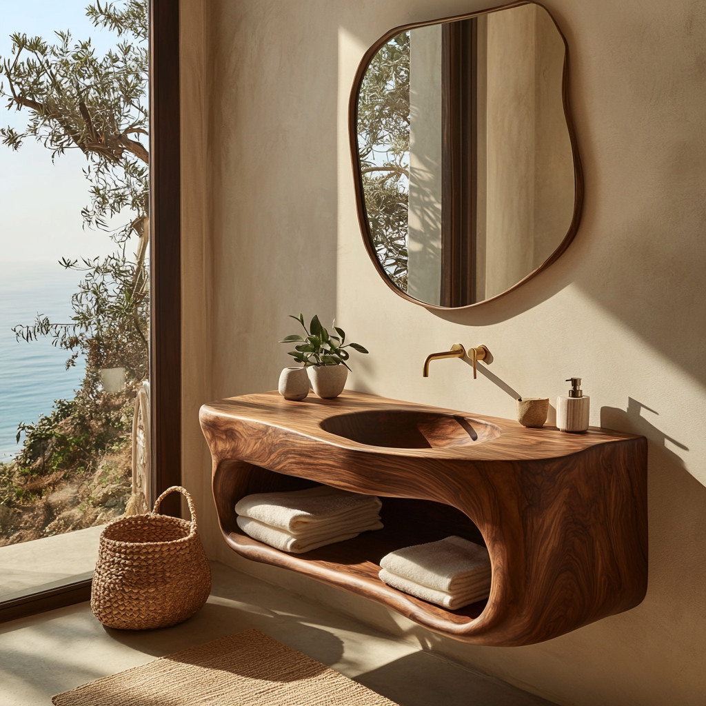 Solid Wood Floating Bathroom Vanity with Carved Integrated Sink